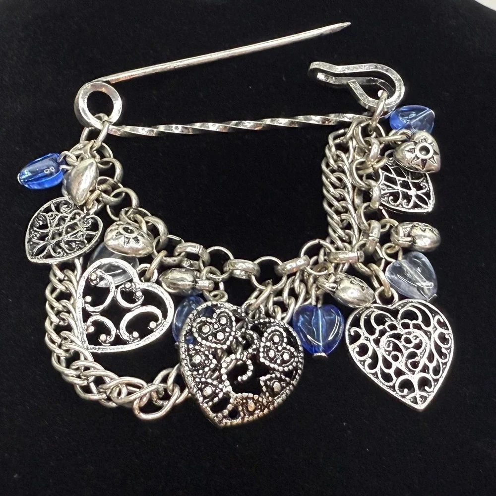 VTG Heart Charm Cluster Lapel Pin Brooch Silver and Blue Beads Statement Jewelry